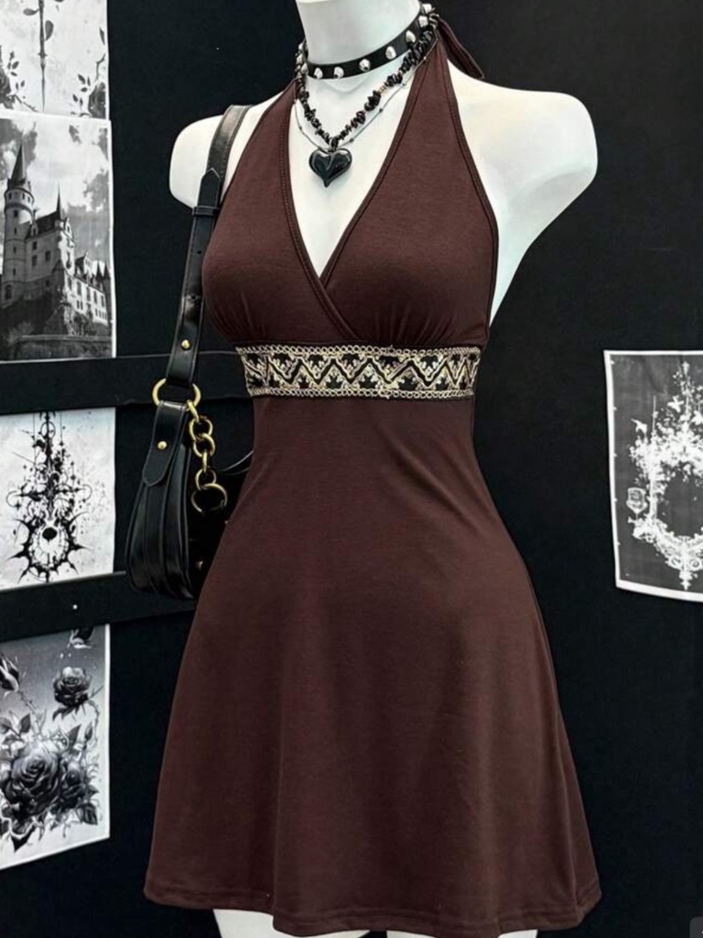 Brown Halter Mini Dress with Embroidered Waistband